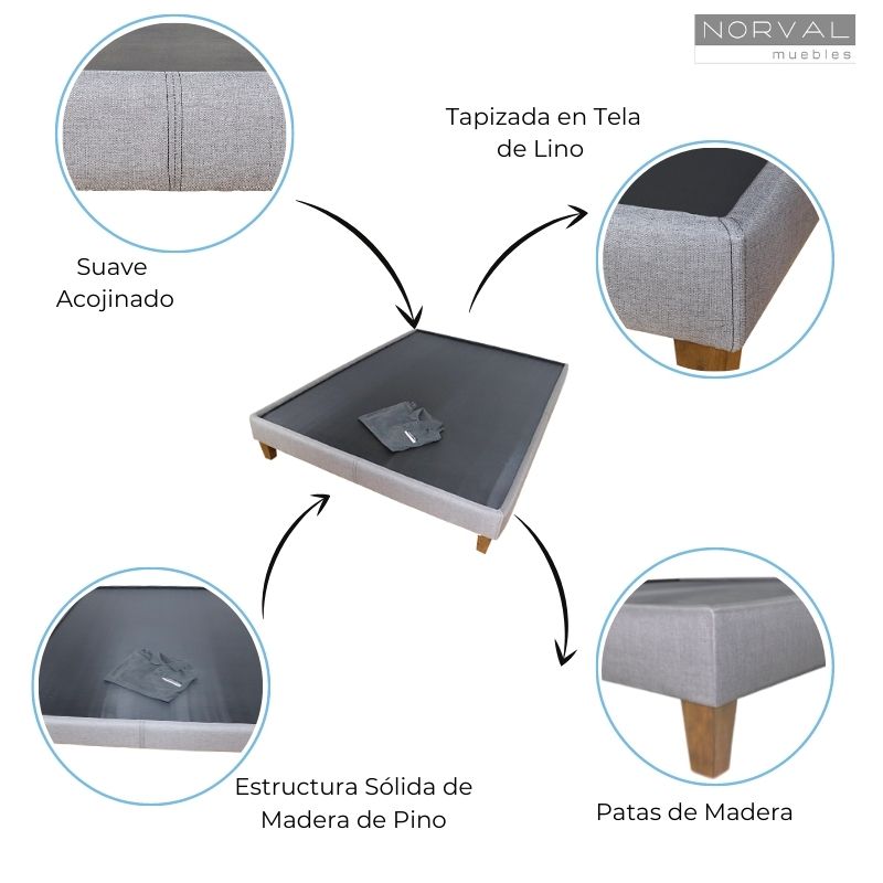 Base para Cama Queen Size NORVAL Muebles Base Nevada con patas Altas de Madera con Moderno tapiz en Lino Gris