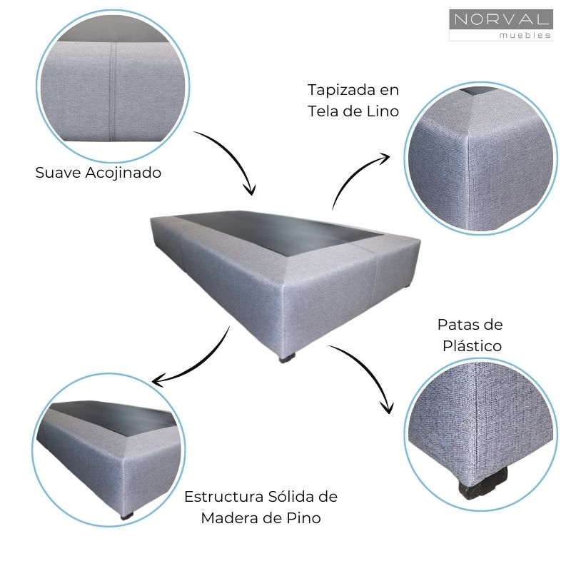 Base para Cama Individual NORVAL Muebles Base de Madera con Moderno tapiz en Lino Gris
