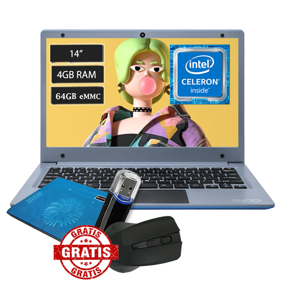 Laptop Evoo Ultra Thin EV-C-116-7PR 11.6 pulgadas - Celeron N4000 - 4 GB - SSD 64 GB + Base + Mouse + Pendrive