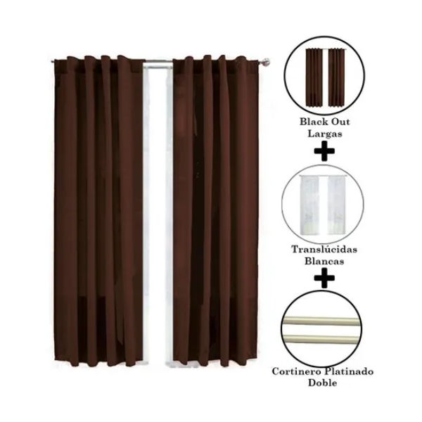 Set De Cortinas Para Sala | Cortinas Blackout Cafés + Traslúcidas + Cortinero