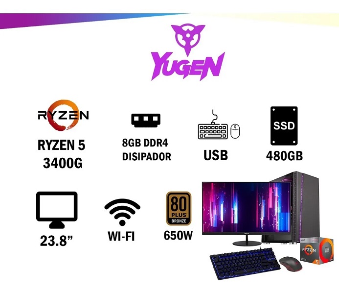 Yugen Pc Gamer Amd Ryzen 5 8gb Ssd 480gb 80+ Monitor Wifi