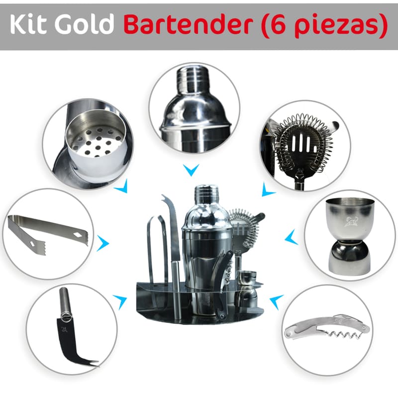 Kit de Bartender con 6 Piezas Cocteleras Incluidas, todo Tipo de Bebidas, Marca Red Baboon