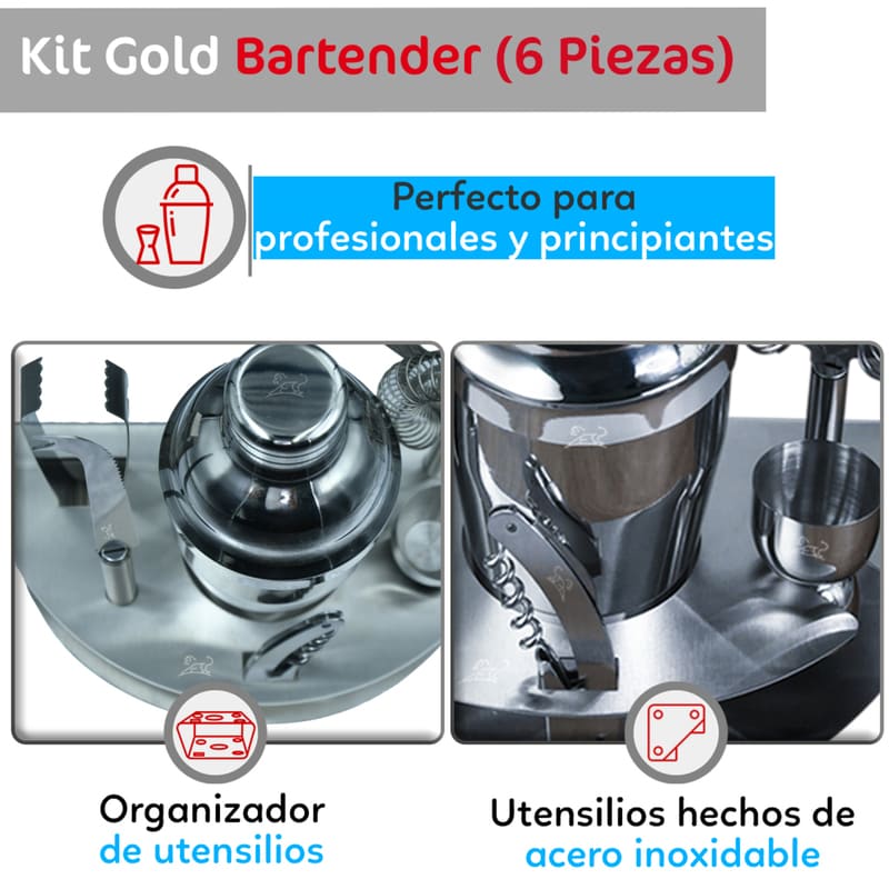Kit de Bartender con 6 Piezas Cocteleras Incluidas, todo Tipo de Bebidas, Marca Red Baboon