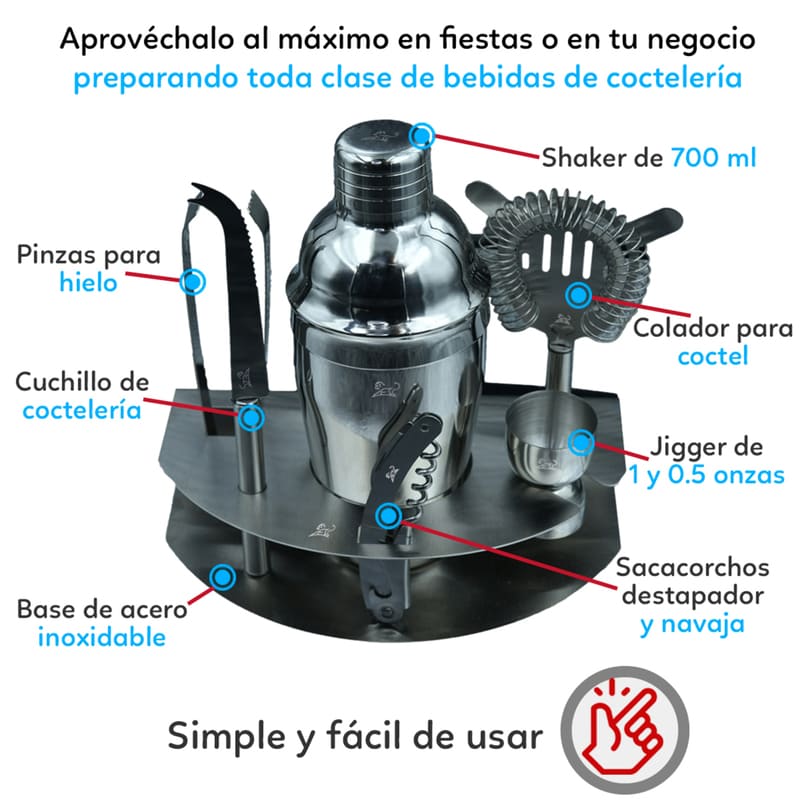Kit de Bartender con 6 Piezas Cocteleras Incluidas, todo Tipo de Bebidas, Marca Red Baboon
