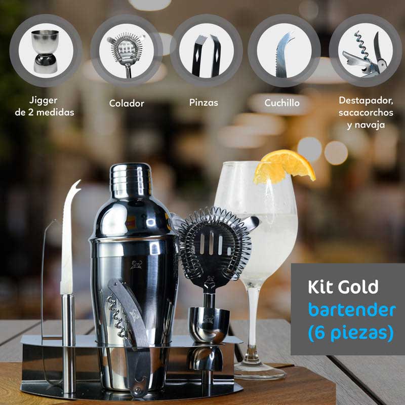 Kit de Bartender con 6 Piezas Cocteleras Incluidas, todo Tipo de Bebidas, Marca Red Baboon