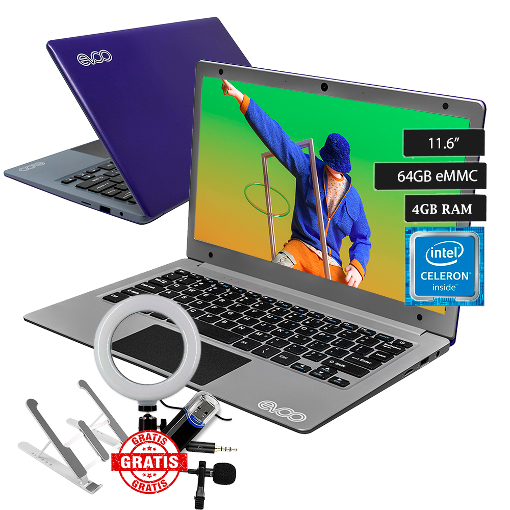 Laptop Evoo Ultra Thin EV-C-116-7PR 11.6 pulgadas - Celeron N4000 - 4 GB - SSD 64 GB + Aro de Luz