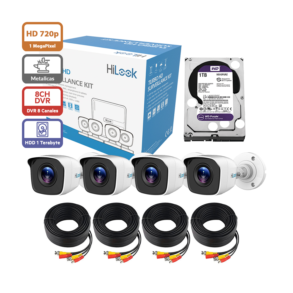 Kit de 4 Cámaras de seguridad Hilook 720p HD DVR de 8 Canales + Disco duro 1TB Kit7208bm