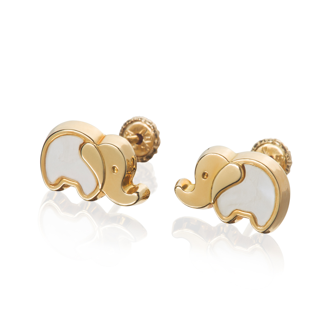 Aretes de Oro 14K broquel con Madre Perlas Elefantitos Marca GIALLO Jewelry Joyería mexicana Oro 14K para Bebé, niñas, adultos