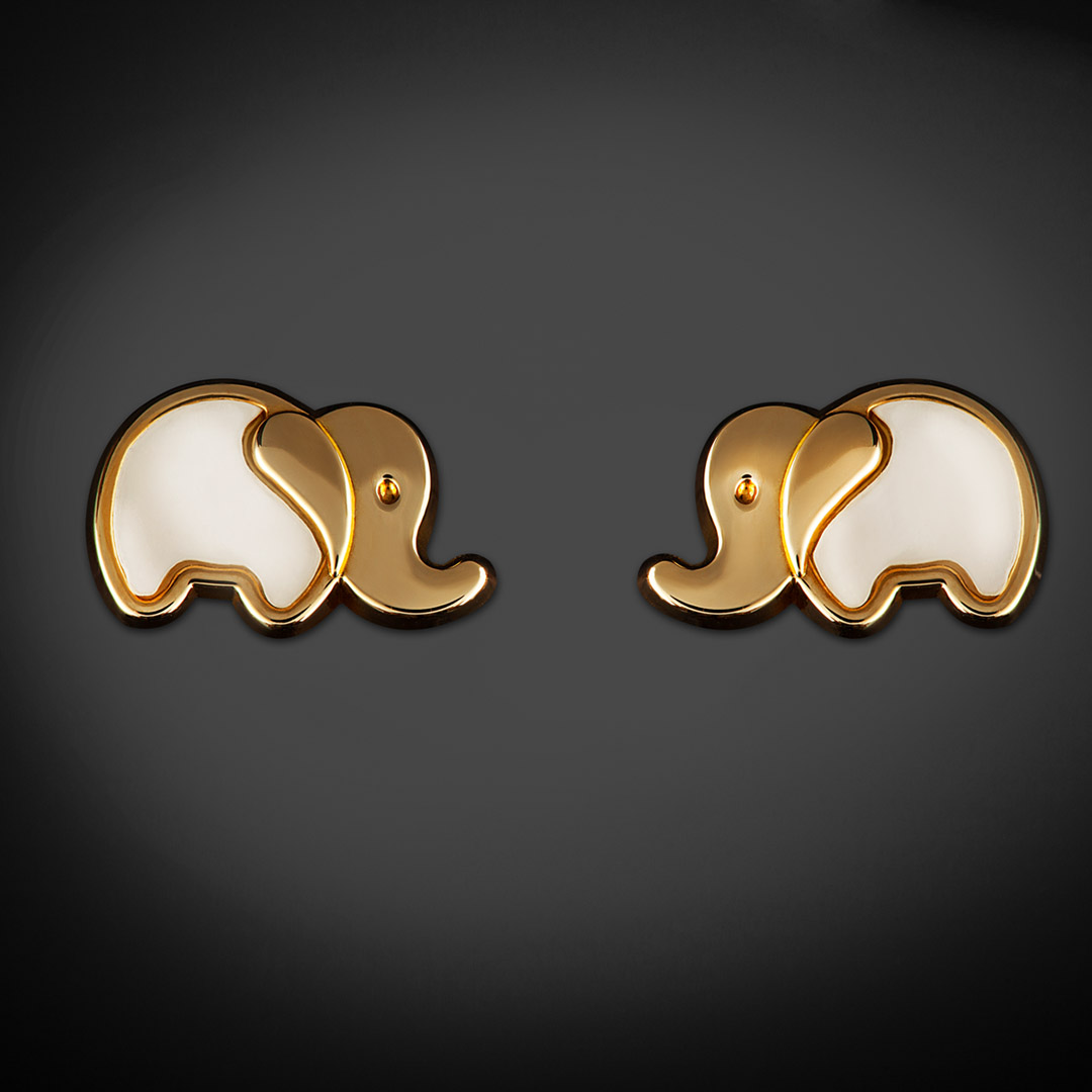 Aretes de Oro 14K broquel con Madre Perlas Elefantitos Marca GIALLO Jewelry Joyería mexicana Oro 14K para Bebé, niñas, adultos