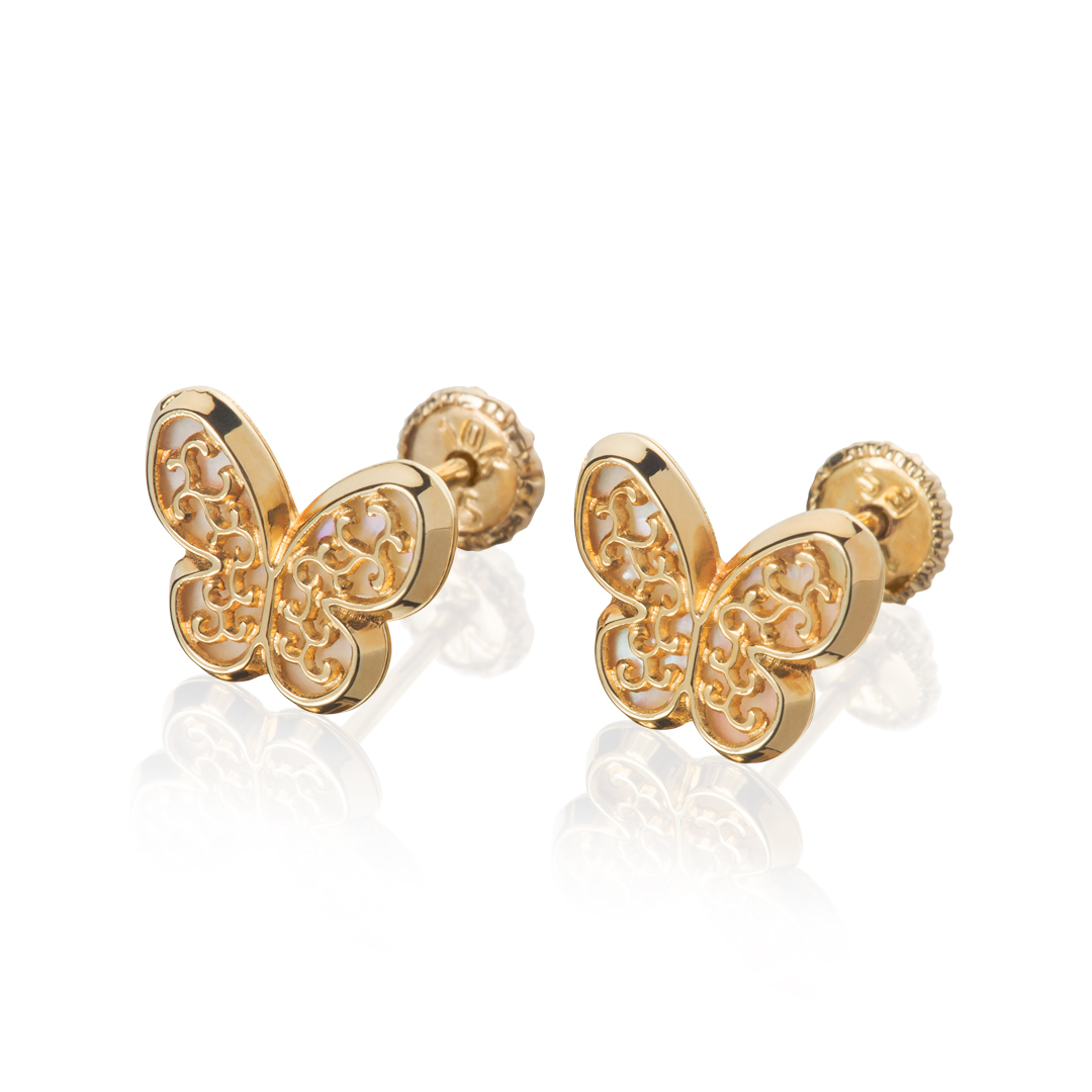 Aretes de Oro 14K broquel Mariposas con Filigrana Marca GIALLO Jewelry Joyería mexicana Oro 14K para Bebé, niñas, adultos