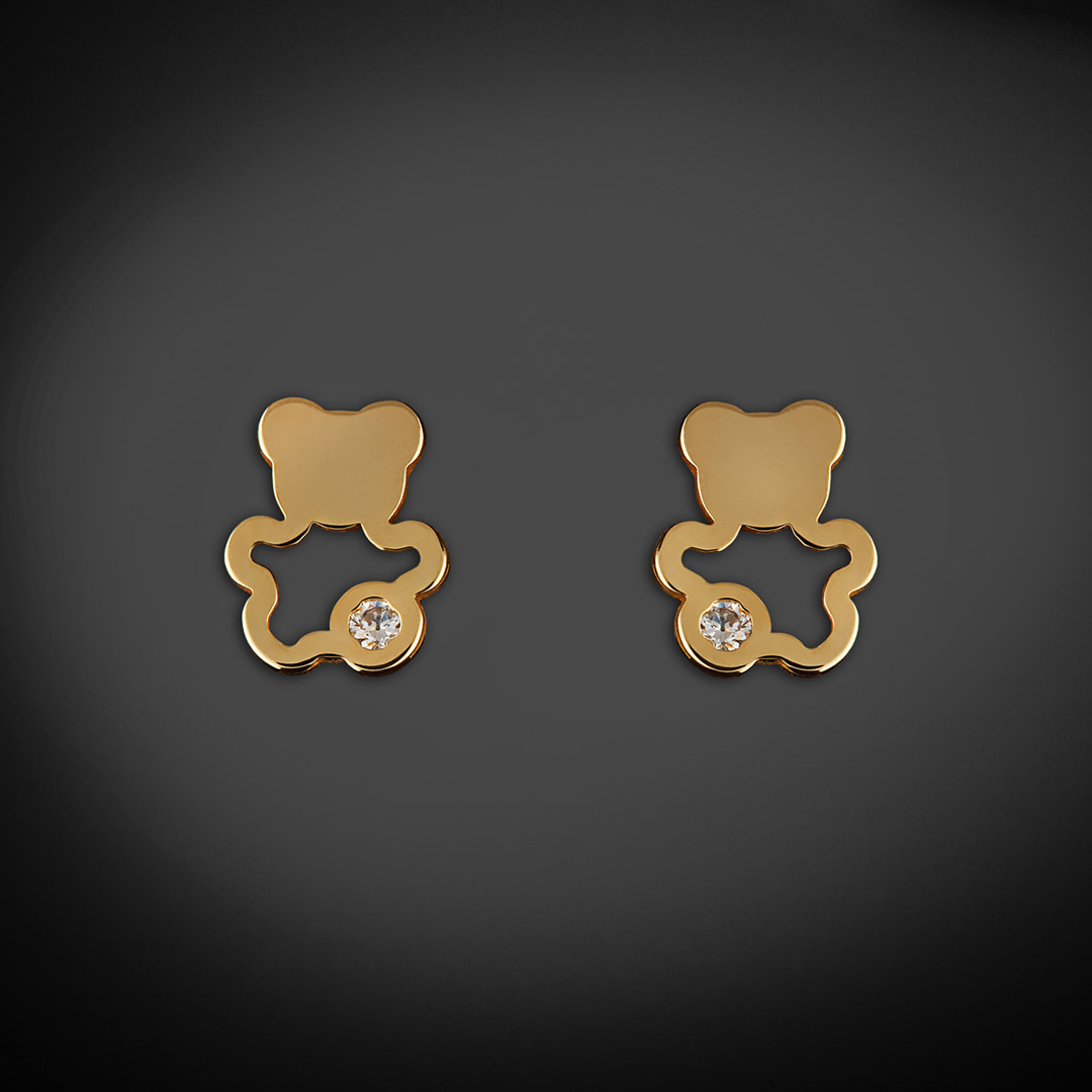 Aretes de Oro 14K broquel con circonia Oso Marca GIALLO Jewelry Joyería mexicana Oro 14K para Bebé, niñas, adultos