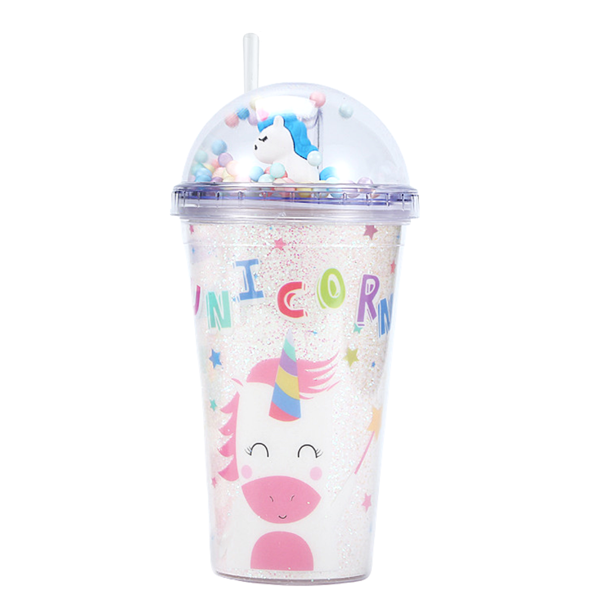 Vaso Unicornio Doble Pared Kawaii Reutilizable Tapa Y Popote