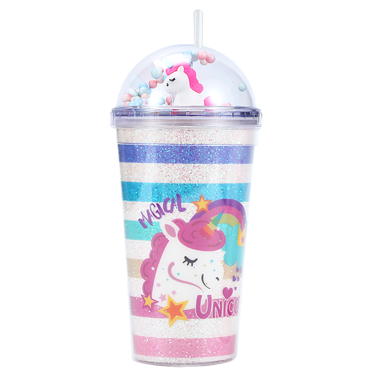 Vaso Unicornio Doble Pared Kawaii Reutilizable Tapa Y Popote