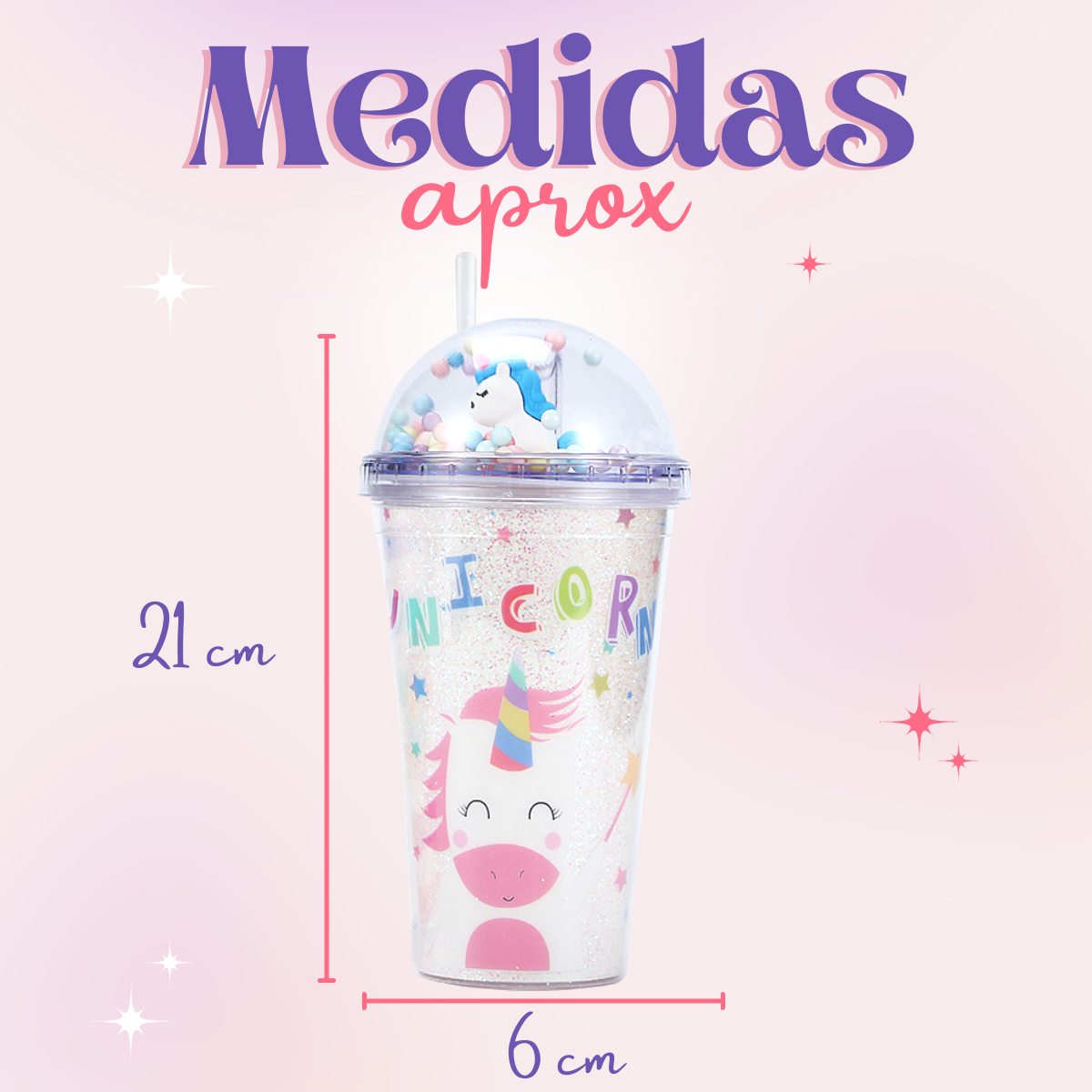 Vaso Unicornio Doble Pared Kawaii Reutilizable Tapa Y Popote