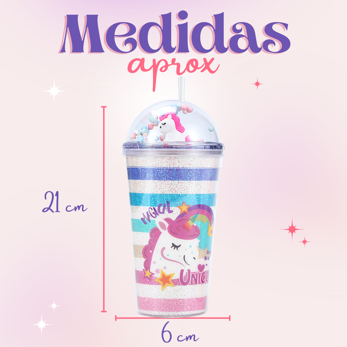 Vaso Unicornio Doble Pared Kawaii Reutilizable Tapa Y Popote