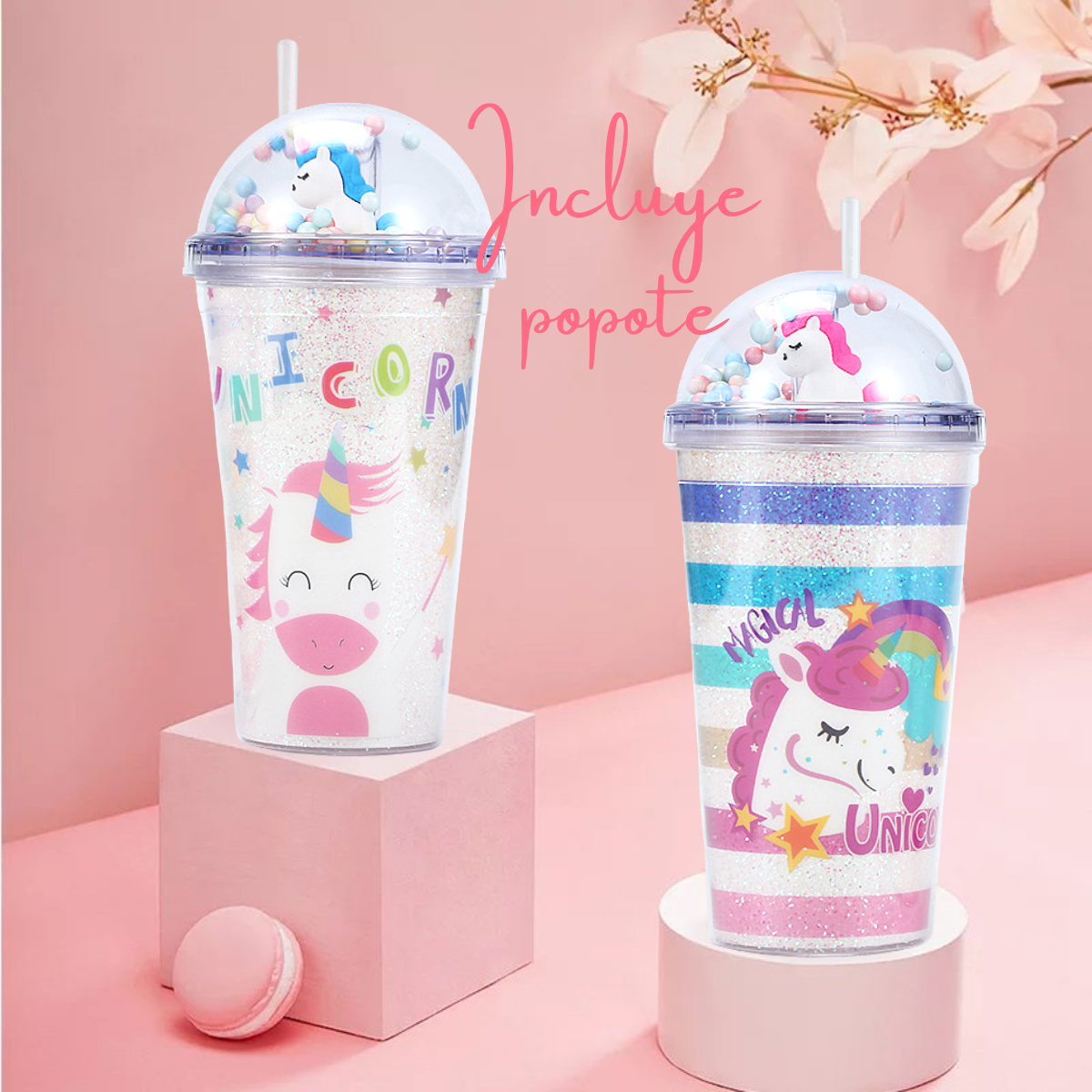 Vaso Unicornio Doble Pared Kawaii Reutilizable Tapa Y Popote