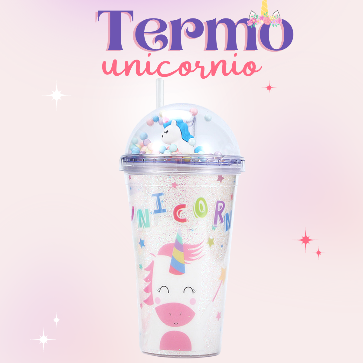 Vaso Unicornio Doble Pared Kawaii Reutilizable Tapa Y Popote