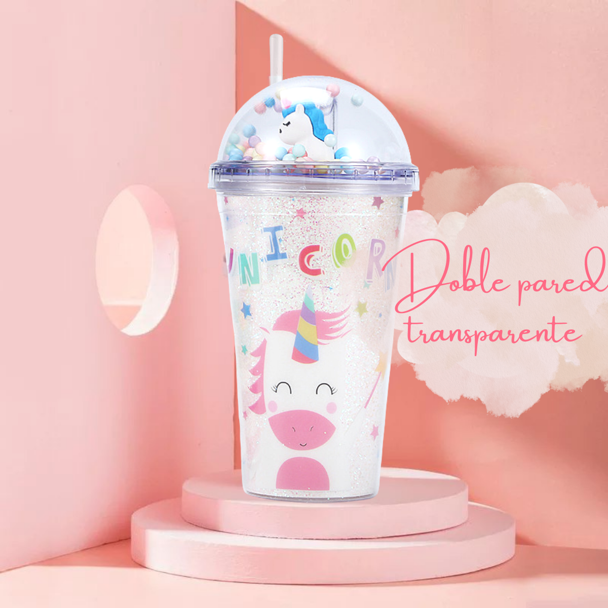 Vaso Unicornio Doble Pared Kawaii Reutilizable Tapa Y Popote