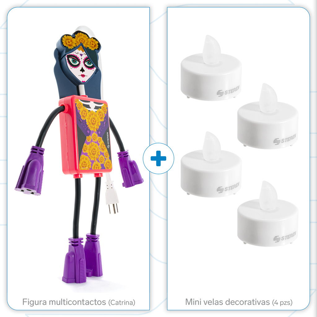 Paquete Halloween Multicontacto y Luces LED Steren Catrina y Luces LED EPACK-HAL-03 Ideal para un Halloween Terrorífico