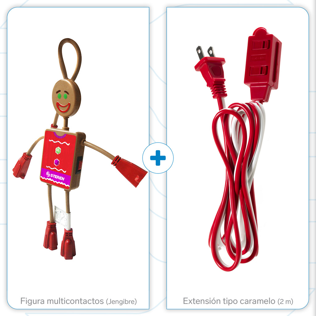 Paquete Navidad Multicontacto y Extensión Steren EPACK-NAV-03 Galleta de Jengibre  y Extensión Para una Navidad Práctica