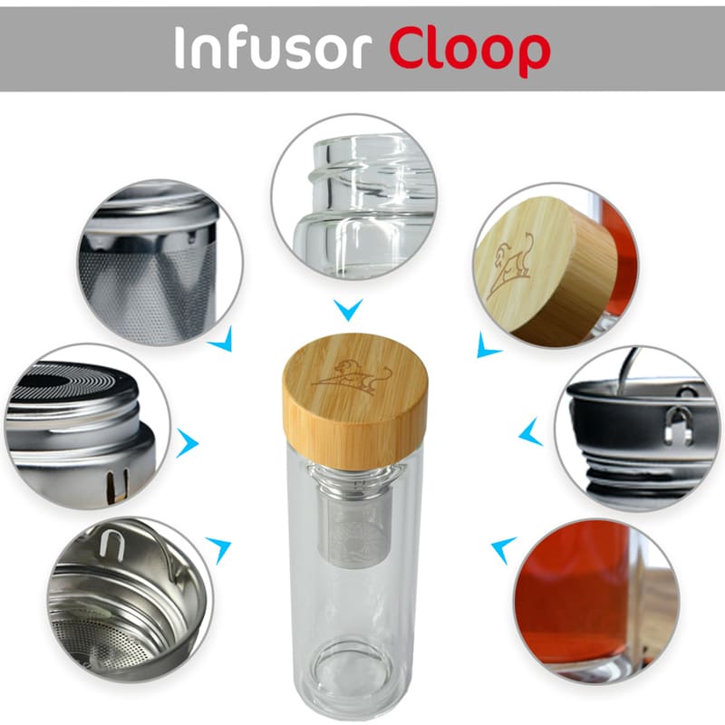 Termo de Vidrio para Té con Infusor, Botella Térmica, Marca Red Baboon, Modelo Cloop