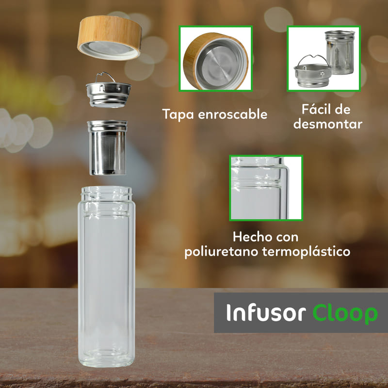 Termo de Vidrio para Té con Infusor, Botella Térmica, Marca Red Baboon, Modelo Cloop