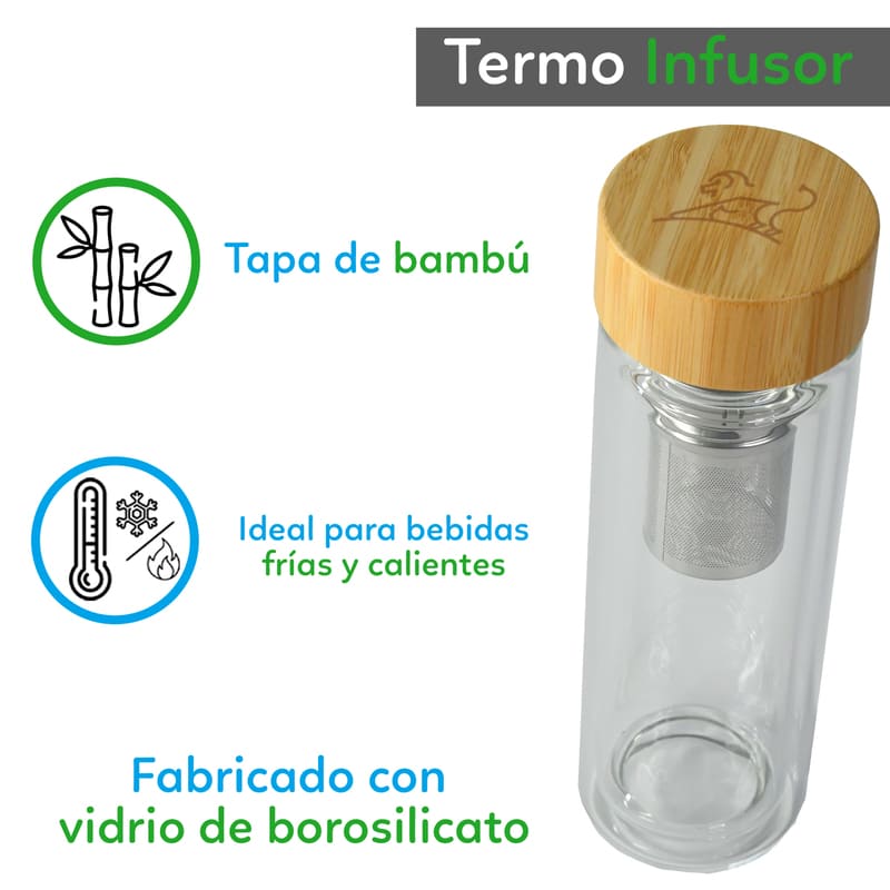 Termo de Vidrio para Té con Infusor, Botella Térmica, Marca Red Baboon, Modelo Cloop
