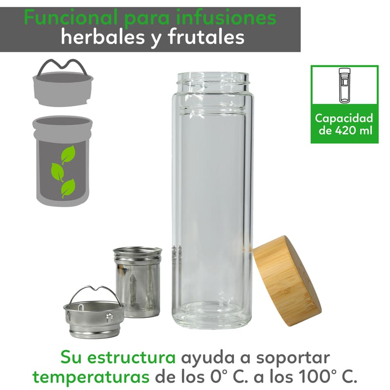 Termo de Vidrio para Té con Infusor, Botella Térmica, Marca Red Baboon, Modelo Cloop