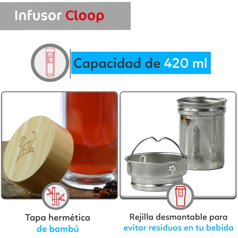 Termo de Vidrio para Té con Infusor, Botella Térmica, Marca Red Baboon, Modelo Cloop