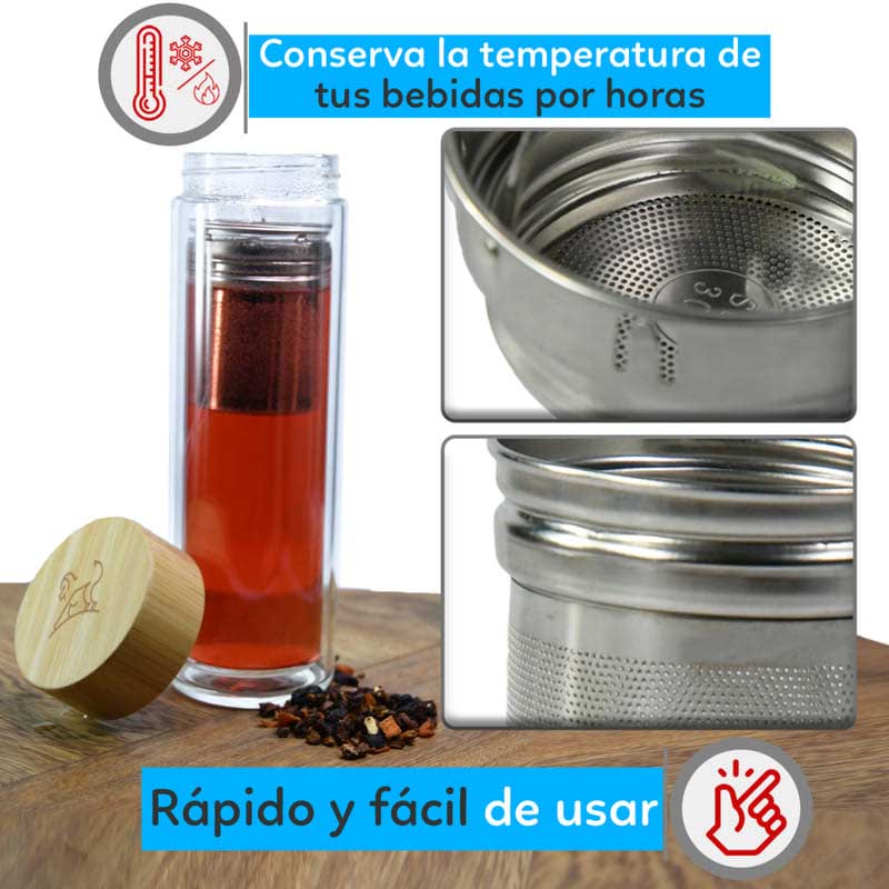 Termo de Vidrio para Té con Infusor, Botella Térmica, Marca Red Baboon, Modelo Cloop