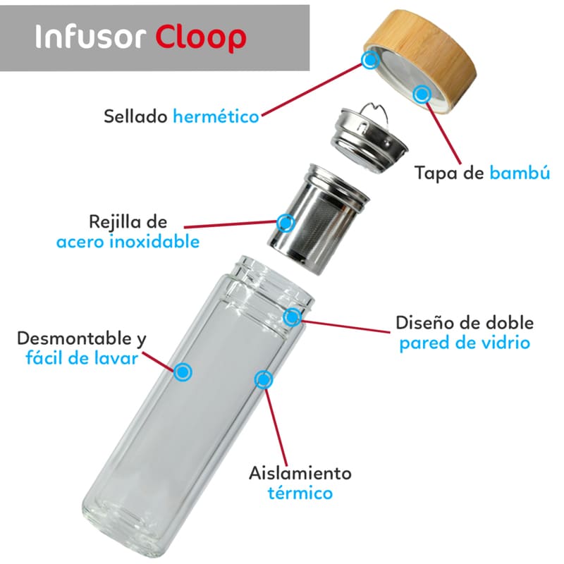 Termo de Vidrio para Té con Infusor, Botella Térmica, Marca Red Baboon, Modelo Cloop