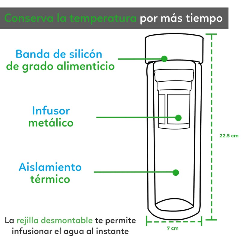Termo de Vidrio para Té con Infusor, Botella Térmica, Marca Red Baboon, Modelo Cloop