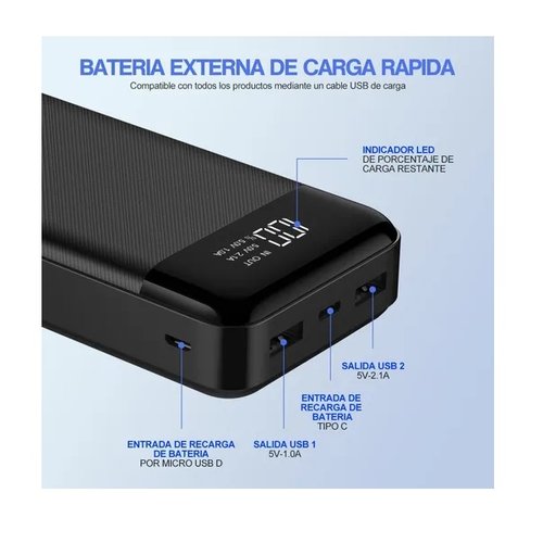 Power Bank Batería Portátil 20000mah 2.1A Carga Bateria Portatil con 2  Puertos con Pantalla LED