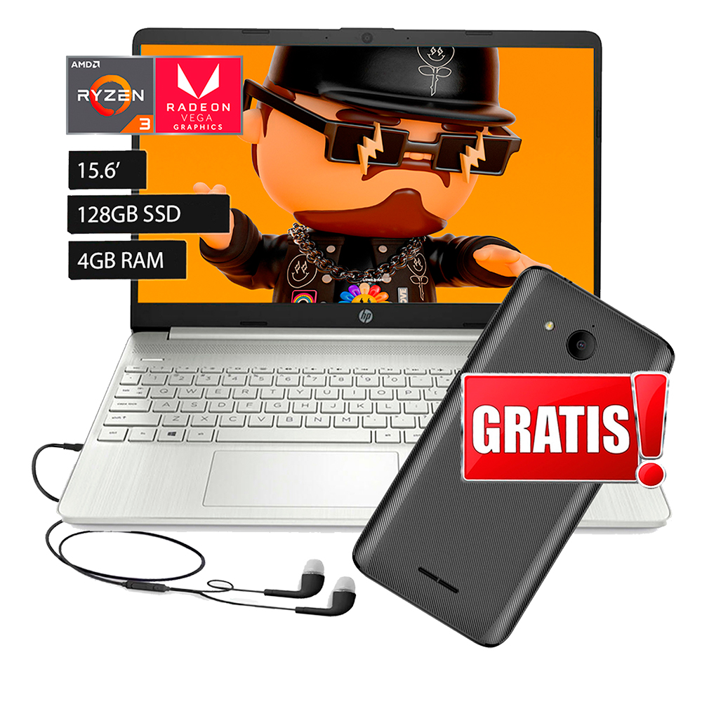 Laptop Hp 15.6 Disco Sólido 128gb Ryzen 3, 4gb Ram Silver + Celular de regalo