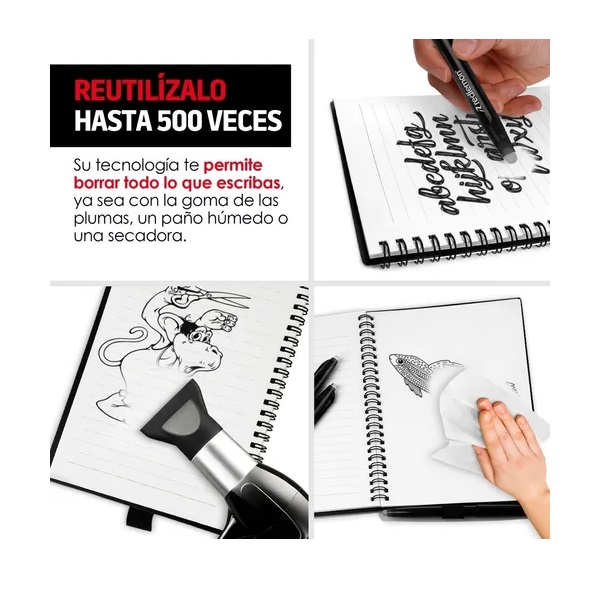 Cuaderno Inteligente Reutilizable 50 Hojas 3 Plumas Redlemon