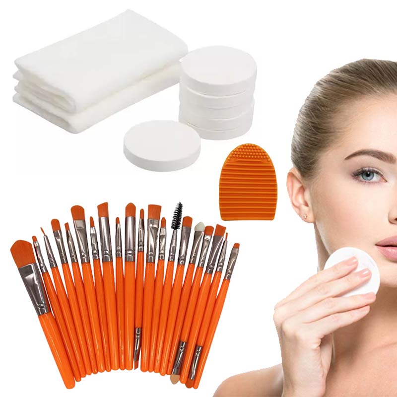 Set de Brochas Maquillaje 20 piezas Brochas Profesionales Naranja Fosfo + 8 Toallas Mágicas Desmaquillantes + 1 Limpia Brochas Kit Belleza02