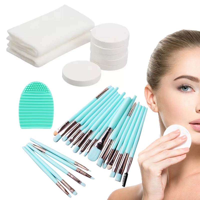 Set de Brochas Maquillaje 20 piezas Brochas Profesionales Celeste Fosfo + 8 Toallas Mágicas Desmaquillantes + 1 Limpia Brochas Kit Belleza03