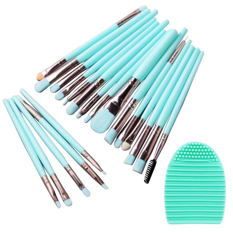 Set de Brochas Maquillaje 20 piezas Brochas Profesionales Celeste Fosfo + 8 Toallas Mágicas Desmaquillantes + 1 Limpia Brochas Kit Belleza03