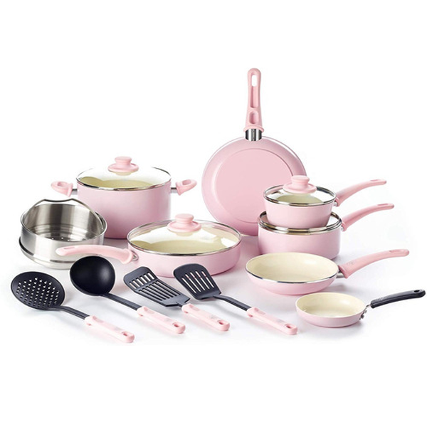 Batería de Cocina Cerámica Antiadherente 16pzs Rosa