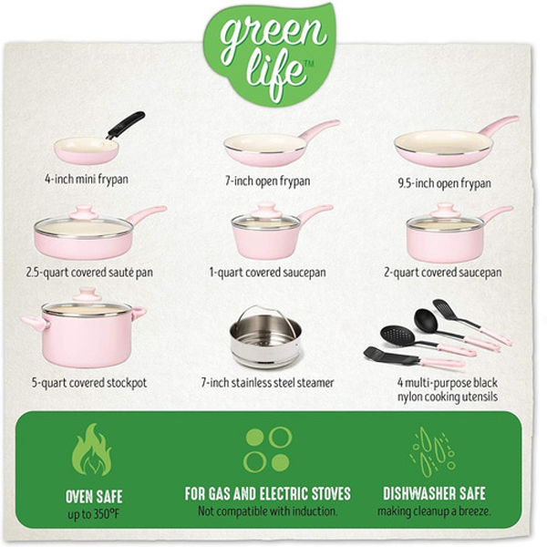 Batería de Cocina Cerámica Antiadherente 16pzs Rosa