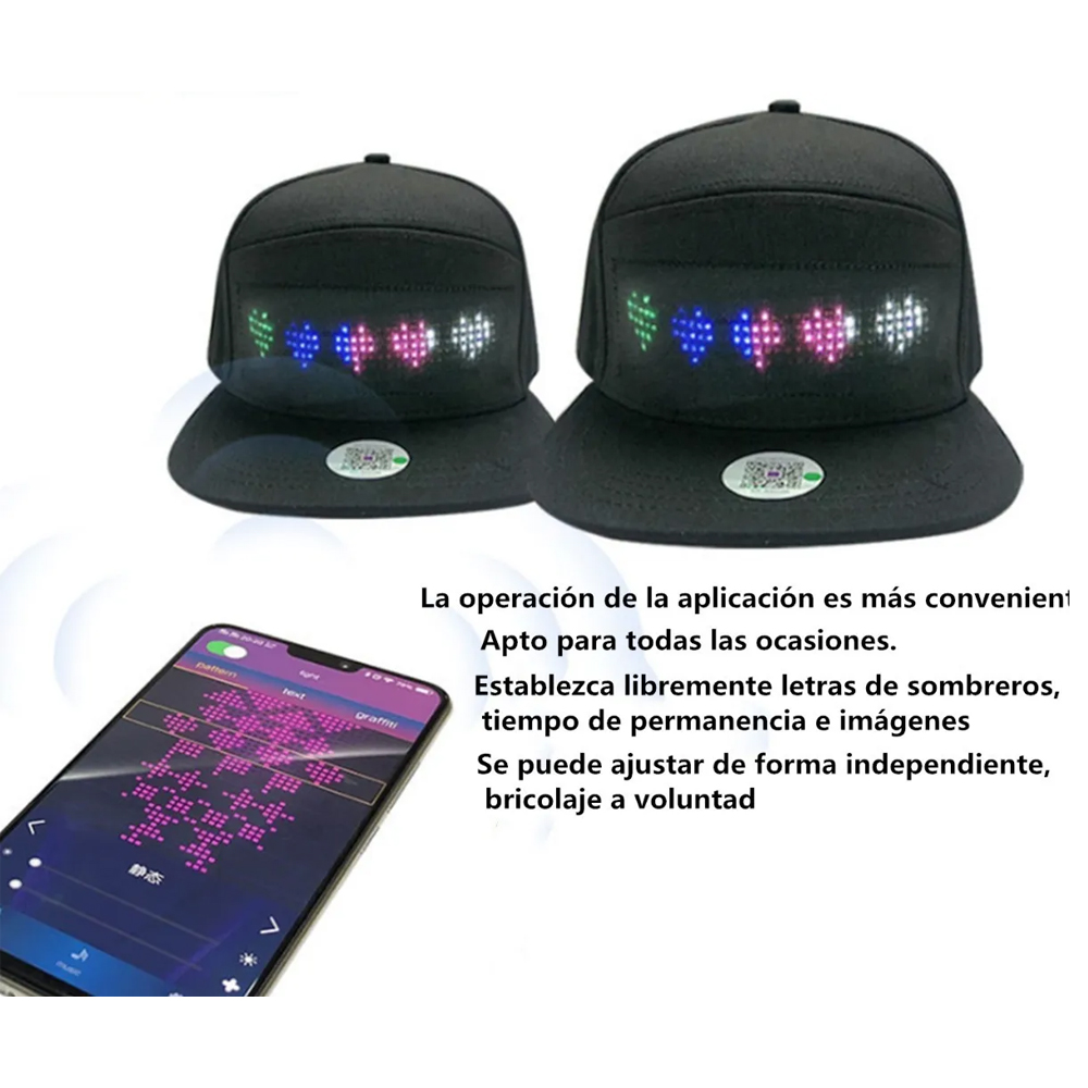 Gorra con pantalla luces led bluetooth control remoto 