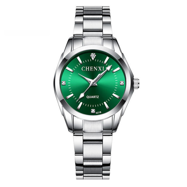 Reloj de Mujer Metálico Chenxi Plateado Verde Casual y Elegante