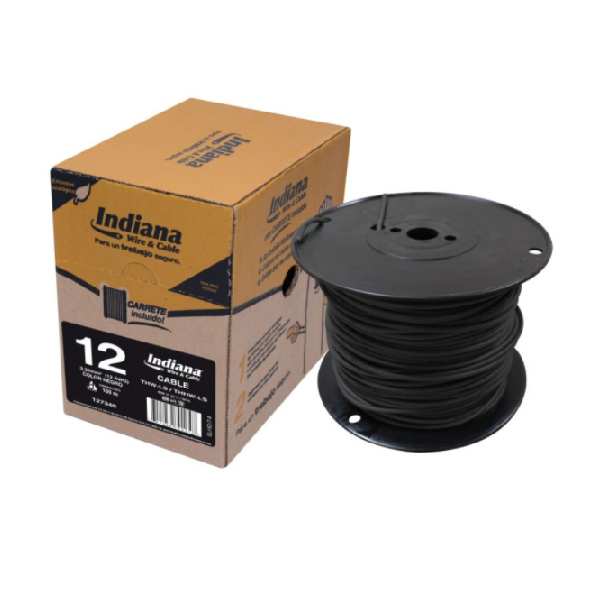 Cable indiana calibre tipo thw-ls/thhw-ls tipo 12 awg. 100 % cobre rollo de 100 m. 600 v.  Negro