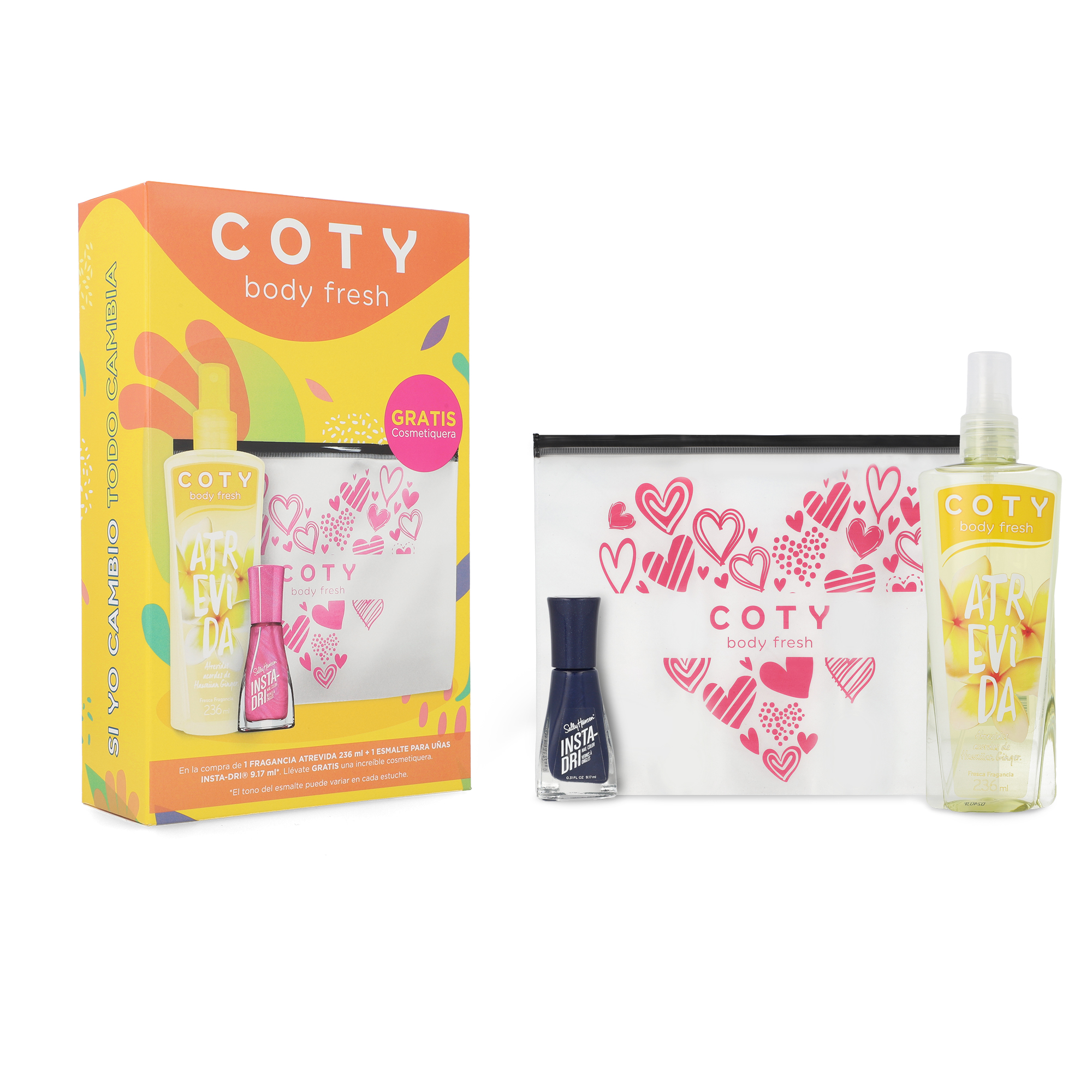 SET COTY BODY FRESH ATREVIDA 3PZS BODY MIST 236ML/ ESMALTE INSTA-DRI/ COSMETIQUERA
