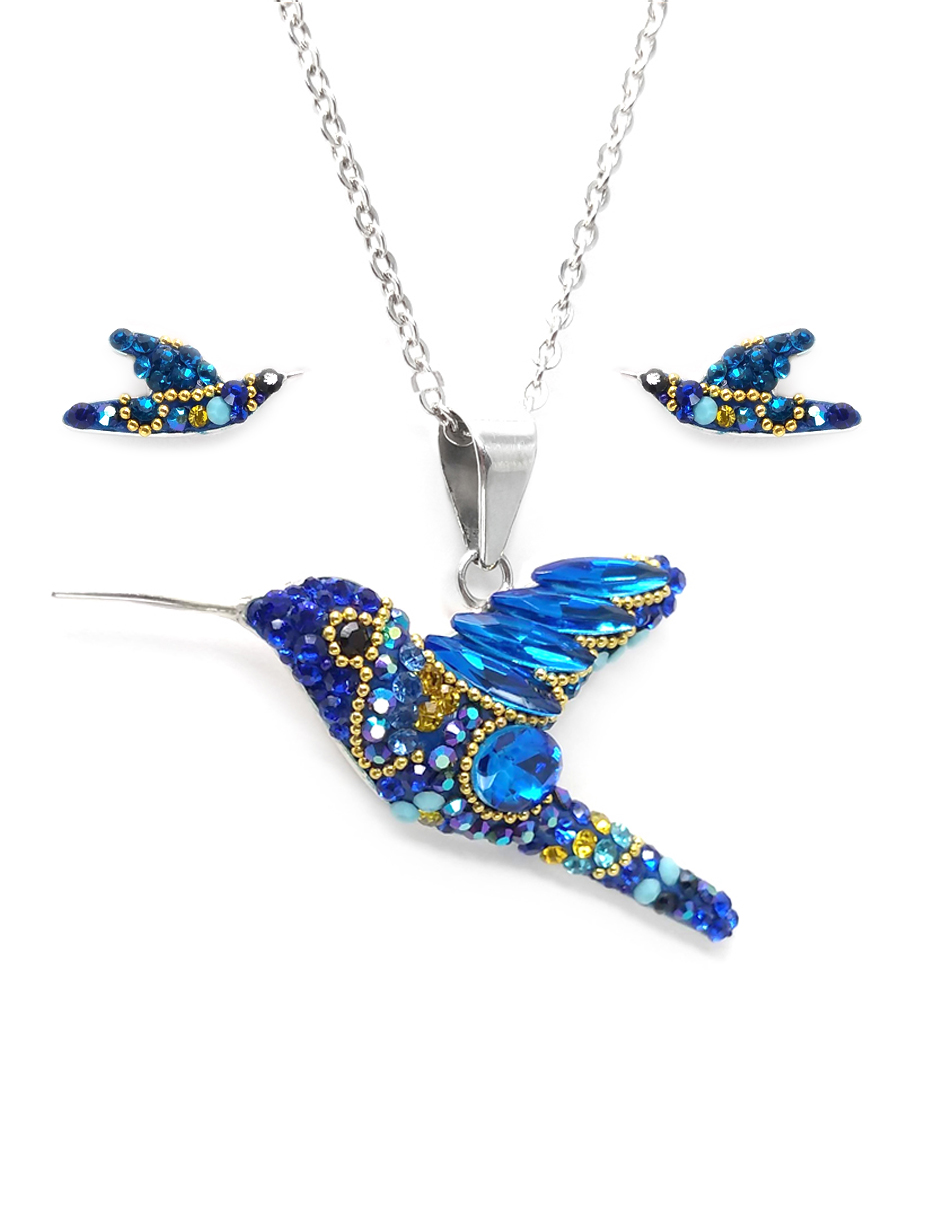 Juego de collar y aretes Colibrí Azul de Plata .925 Joyería Zvezda