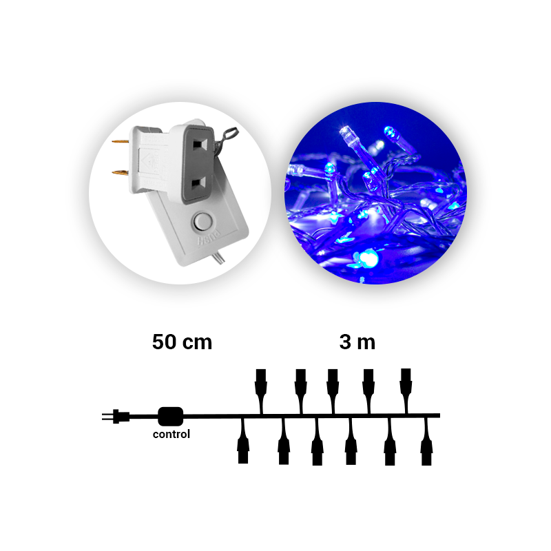 Tira Decorativa Luz Led Azul/Blanco 60 Focos 8 Funciones Cable Transparente 3 m