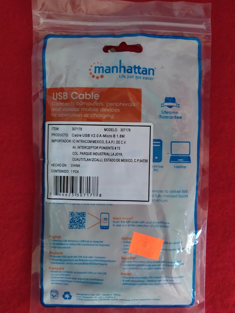 Cable USB Micro B MANHATTAN 1.8m USB Negro CEL TABLETA CAMARA BATERIA CARGA DATOS PC LAP ENERGIA