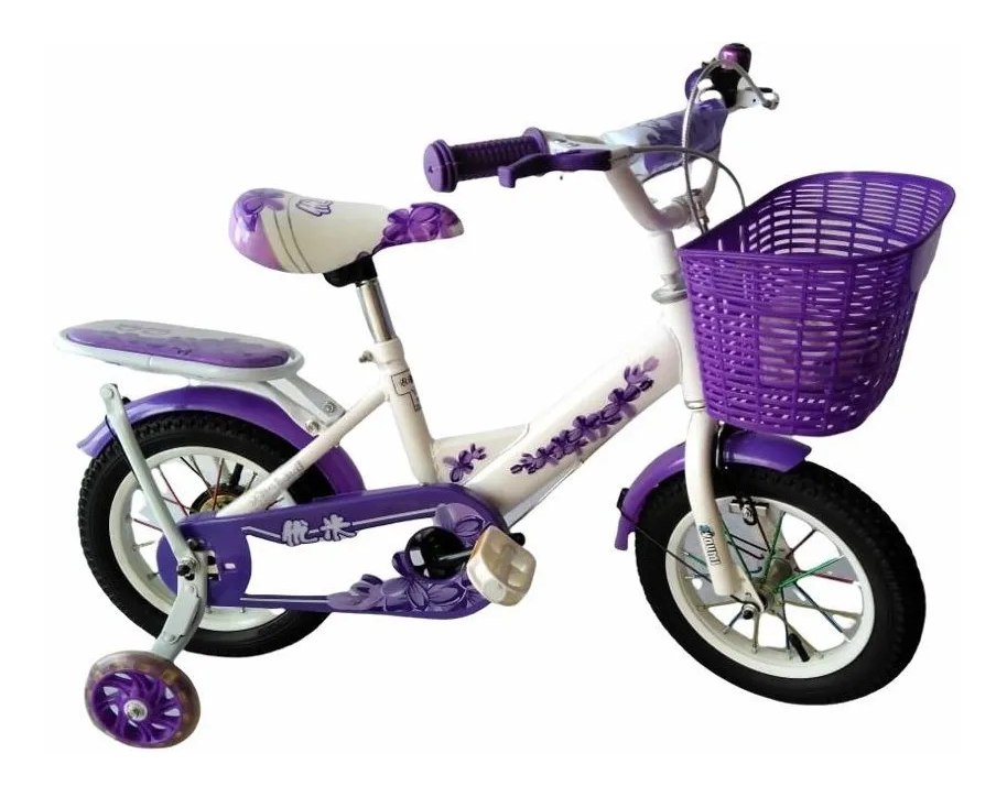 Bicicleta Infantil Rodada 12 Niña Blanco Morado Con Canastilla Y Llantitas