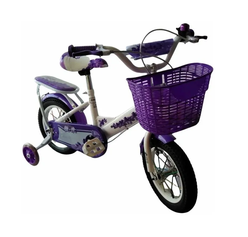 Bicicleta Infantil Rodada 12 Niña Blanco Morado Con Canastilla Y Llantitas