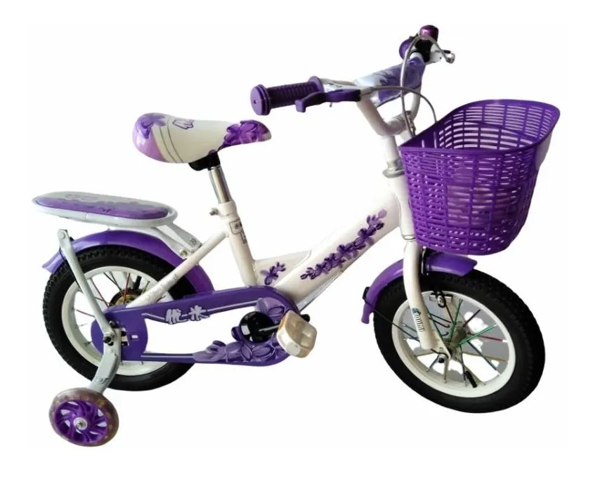 Bicicleta Infantil Rodada 12 Niña Blanco Morado Con Canastilla Y Llantitas